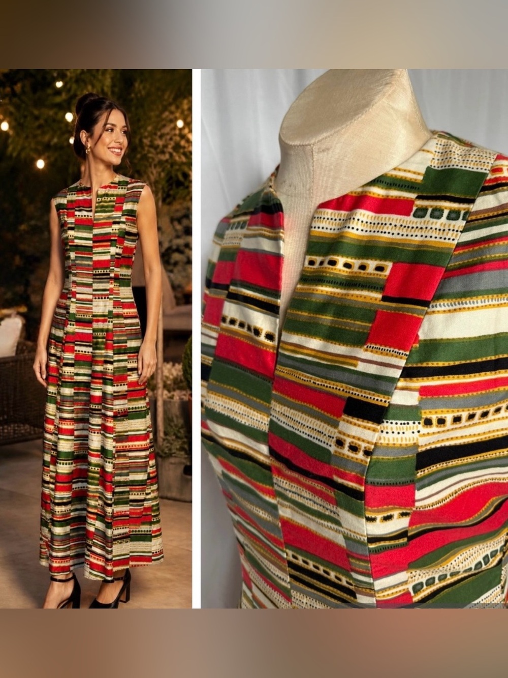 VTG 70s Sleeveless Gorgeous Stripe Print Maxi Dress